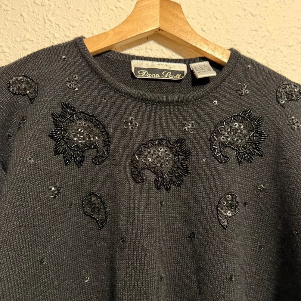 Vtg Dana Scott women's L Black Beaded Sequin Embellished Knit Sweater warm EUC‎